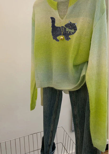 Grass Green V Neck Tie Dye Knit Sweater Spring