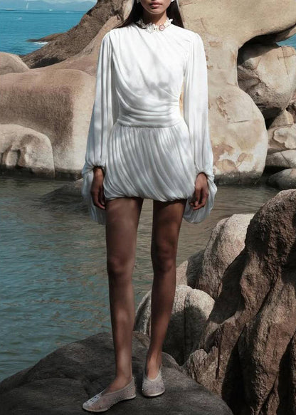 White Wrinkled Cotton Mini Dresses Lantern Sleeve