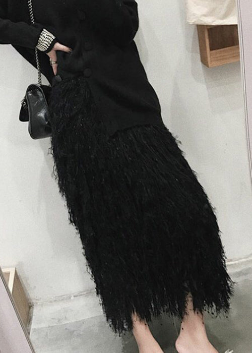 Black Feather Knit Fall Skirts High Waist