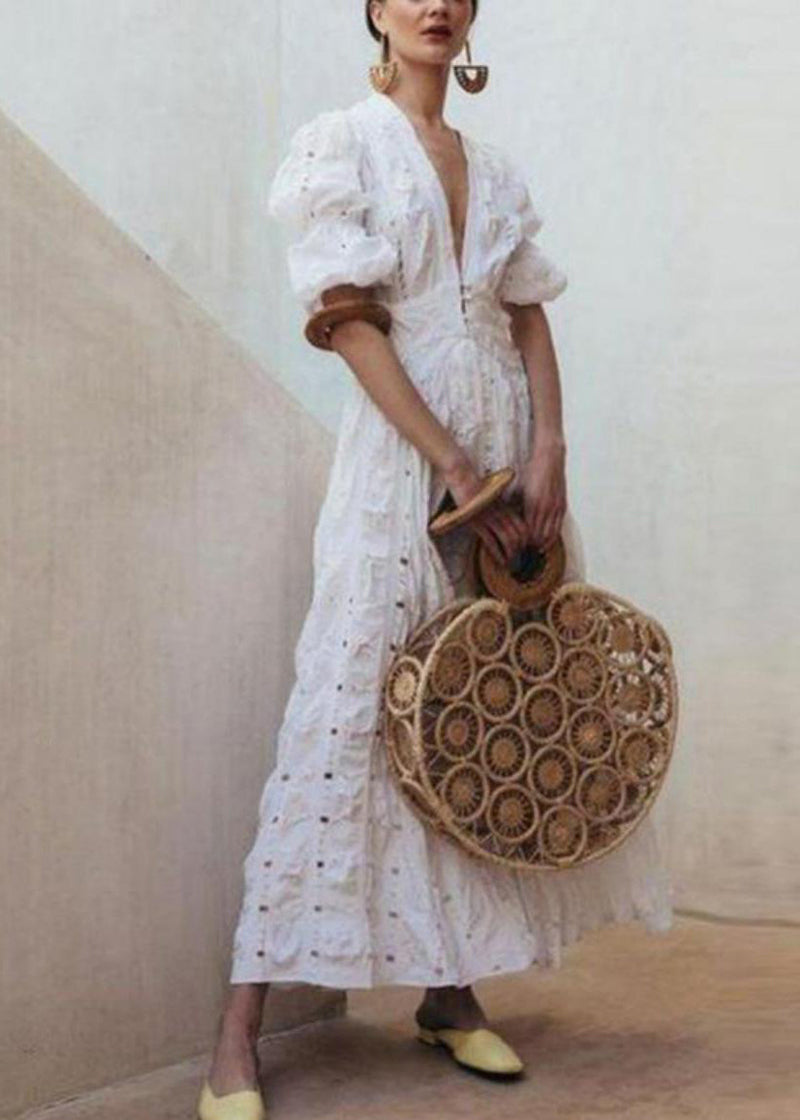 White Puff Sleeve Exra Large Hem Cotton Holiday Dress Spring