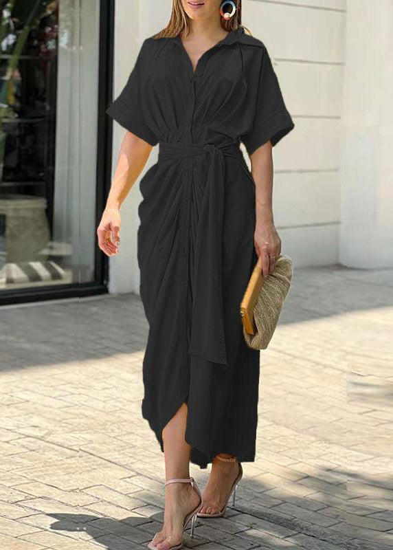 Yellow Peter Pan Collar Tie Waist Cotton Shirts Dress Summer