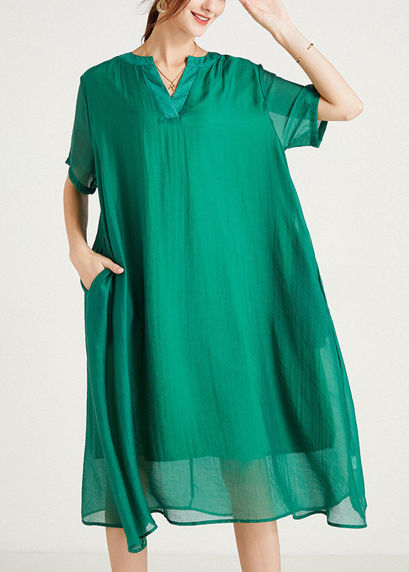 Green V Neck Cotton Dresses Summer