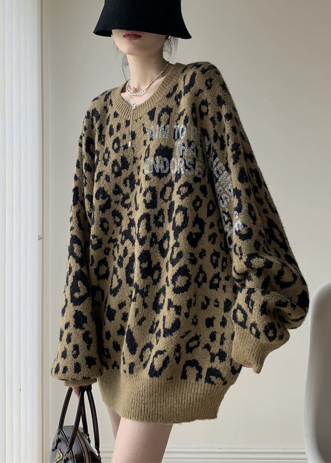 Khaki Leopard O Neck Cozy Knit Sweater Winter