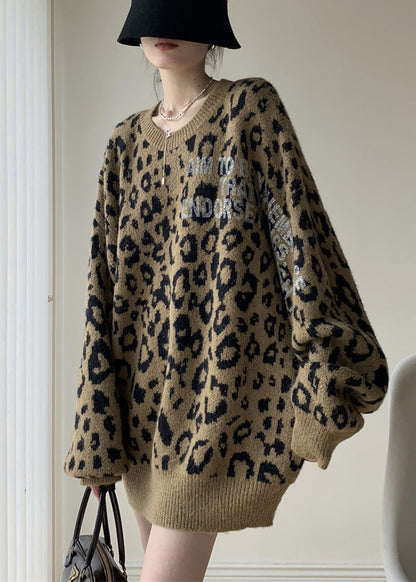 Khaki Leopard O Neck Cozy Knit Sweater Winter