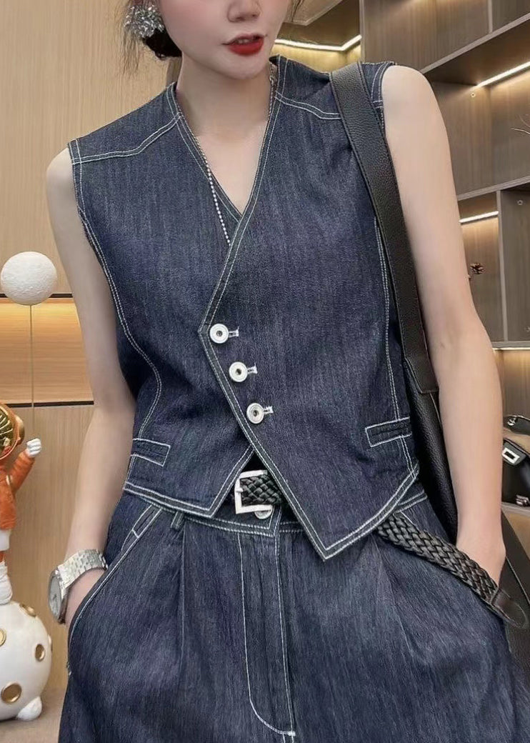 French Blue Button Waistcoat and Pants Denim Two Pieces Set Sleeveless