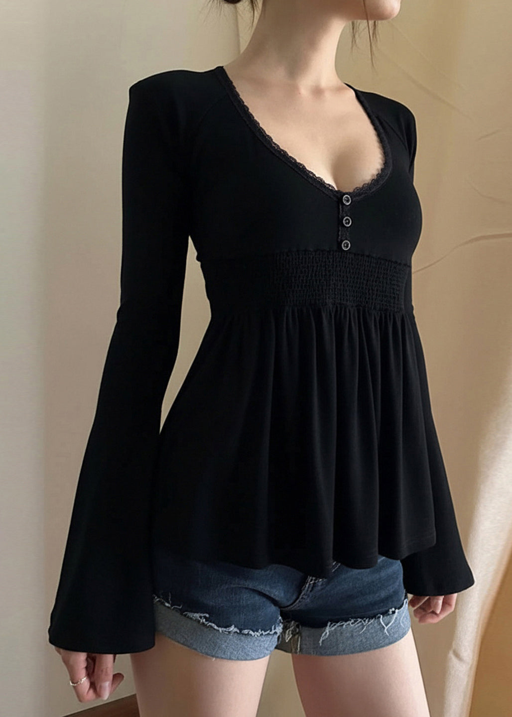 Loose Black V Neck Lace Cotton T Shirts Flare Sleeve