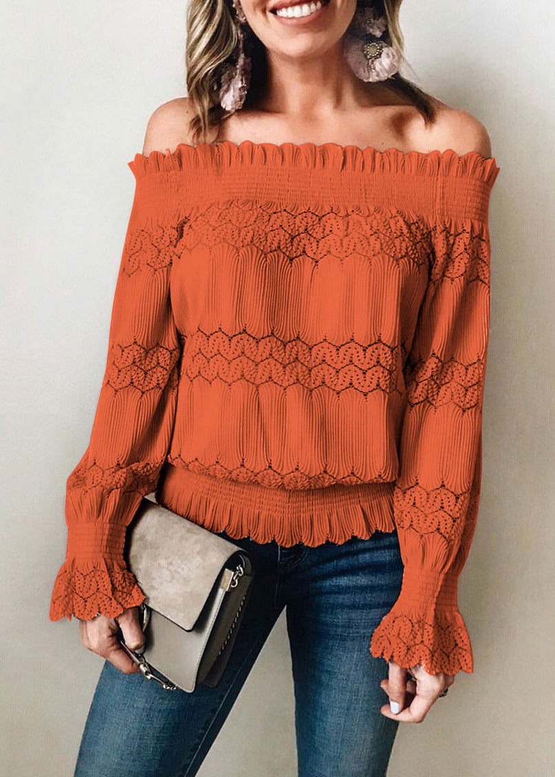 Pink Slash Neck Ruffled Lace Blouse Tops Summer