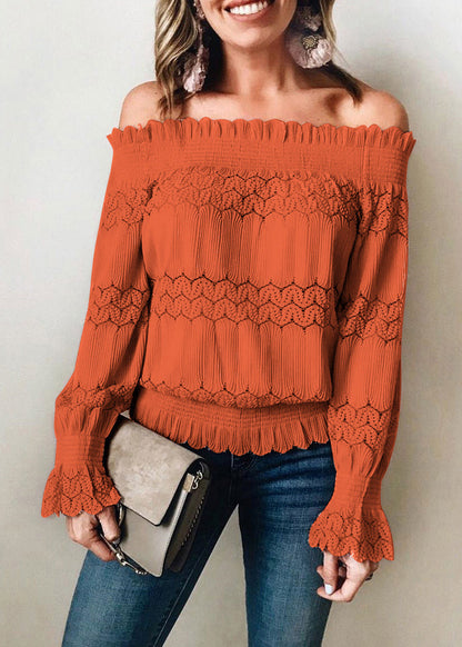 Pink Slash Neck Ruffled Lace Blouse Tops Summer