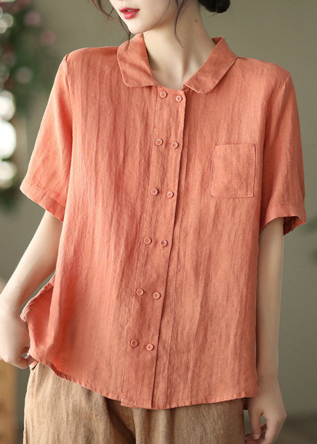 Orange Peter Pan Collar Double Breast Linen Shirt Tops Short Sleeve