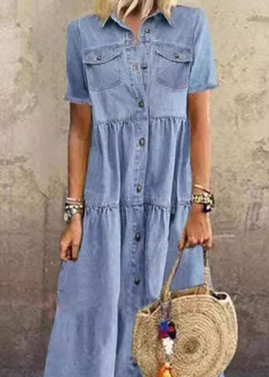 Loose Light Blue Peter Pan Collar Button Patchwork Denim Dresses Summer