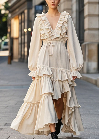 Apricot Ruffled Asymmetrical Design Cotton Cinched Dress Fall