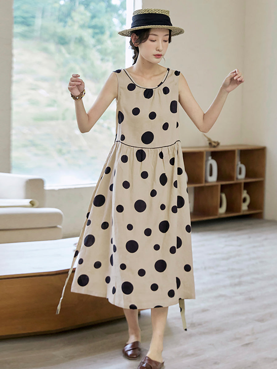 Summer Dot Drawstring Linen Vest Dress