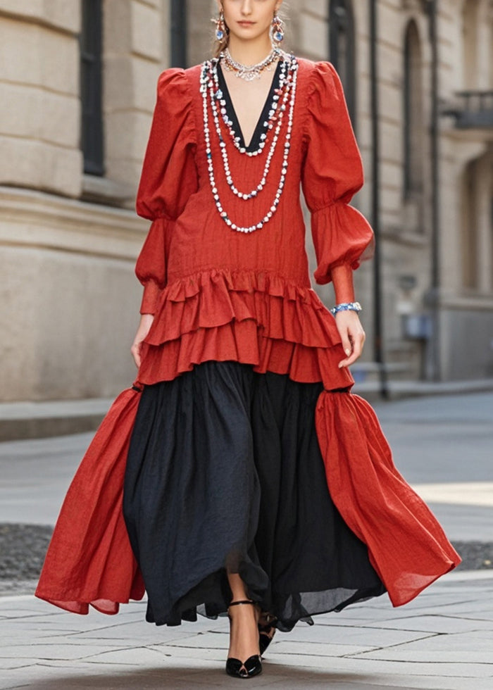 Red Ruffled Patchwork Cotton Vacation Dresses Lantern Sleeve