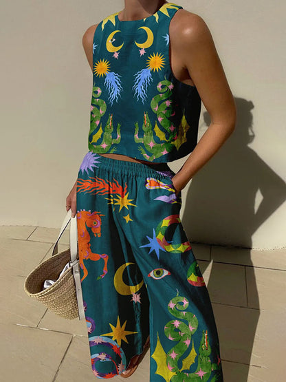 Beauty Unique Print Tank and Elastic Waist Pocketed Pants Set
