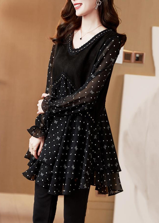 French Black O-neck Dot Chiffo Shirt Lantern Sleeve