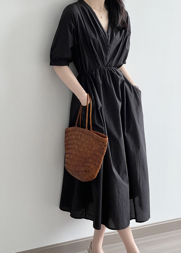 Khaki V Neck Pockets Wrinkled Cotton Dress Summer