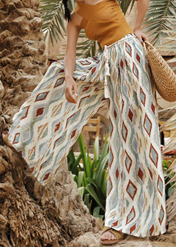 Plaid Print Elastic Waist Cotton Wide Leg Pants Summer