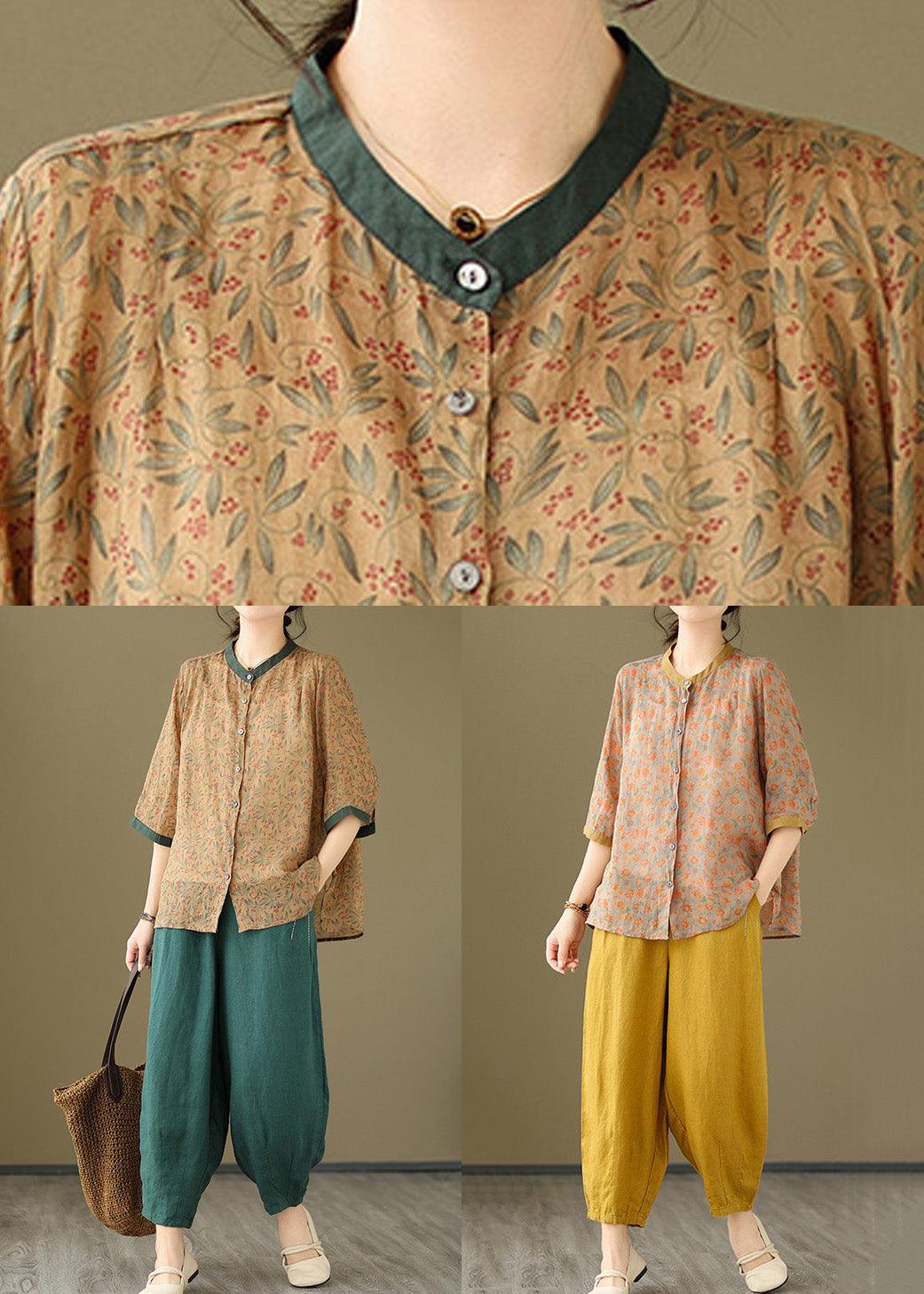 Khaki Pink Tops and Linen Crop Pants Cotton Two Pieces Set Spring