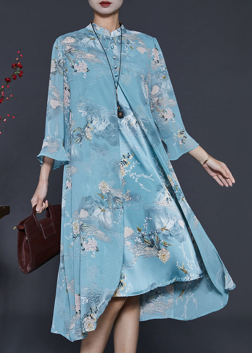 French Blue Mandarin Collar Print Chiffon Dresses Summer