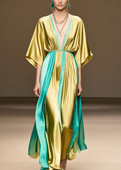 Golden V Neck Patchwork Silk Ankle Dress Summer