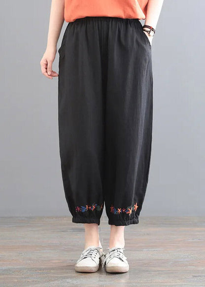 Black Embroidered Elastic Waist Harem Pants Summer