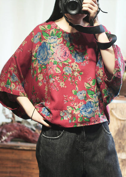 Loose Red O-neck Print Cotton T Shirt Long Sleeve