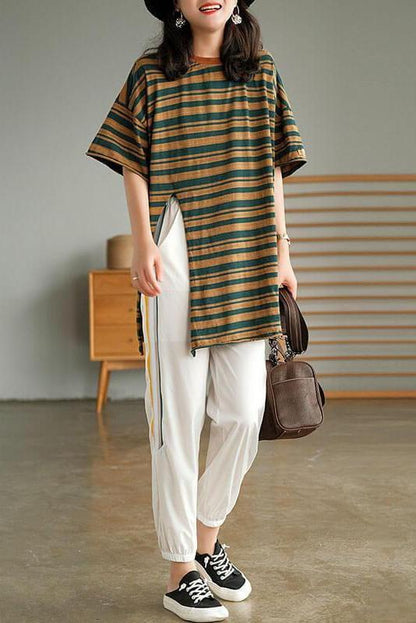 Cotton Stripes Split Hem O Neck T-shirt