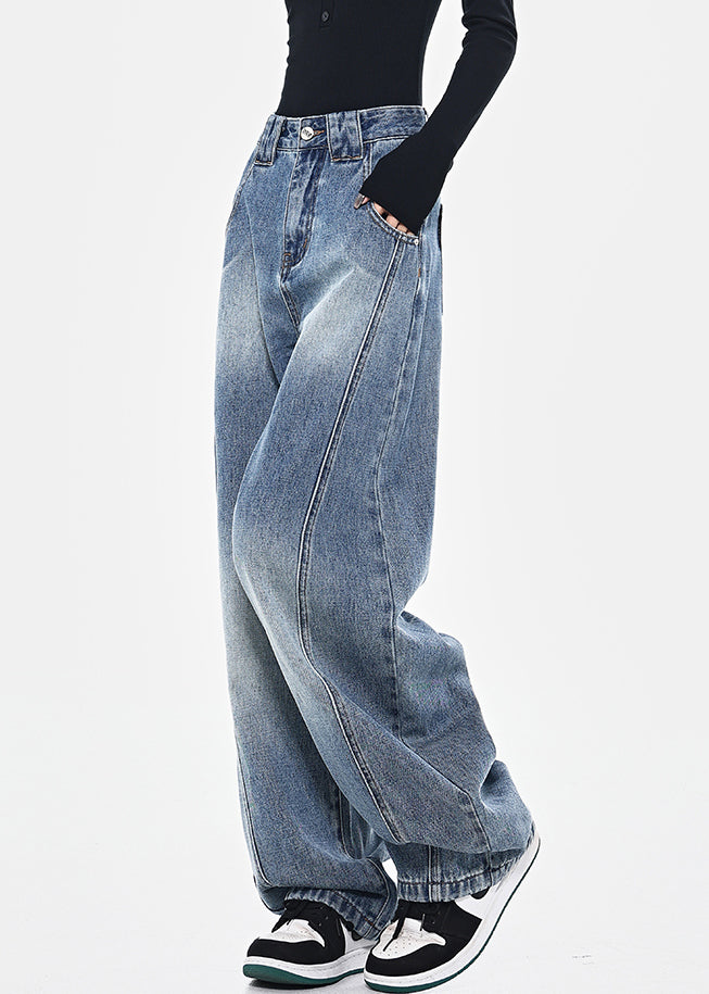 Blue Pockets Patchwork High Waist Denim Pants Spring