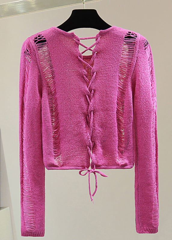 Rose Hole Tie Waist Cotton Knit Sweaters Spring