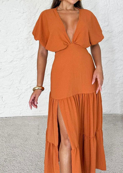 Orange V Neck Wrinkled Side Open Cotton Dress Summer