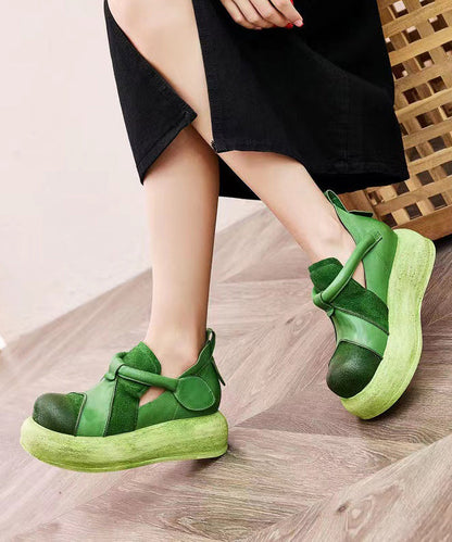 Splicing Platform Flat Shoes Green Cowhide Leather