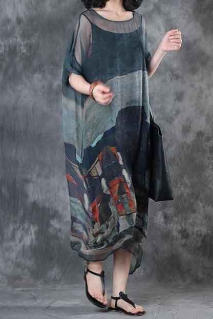 Limited Stock- Summer Short Sleeves Loose Prints Dress(two Pieces)