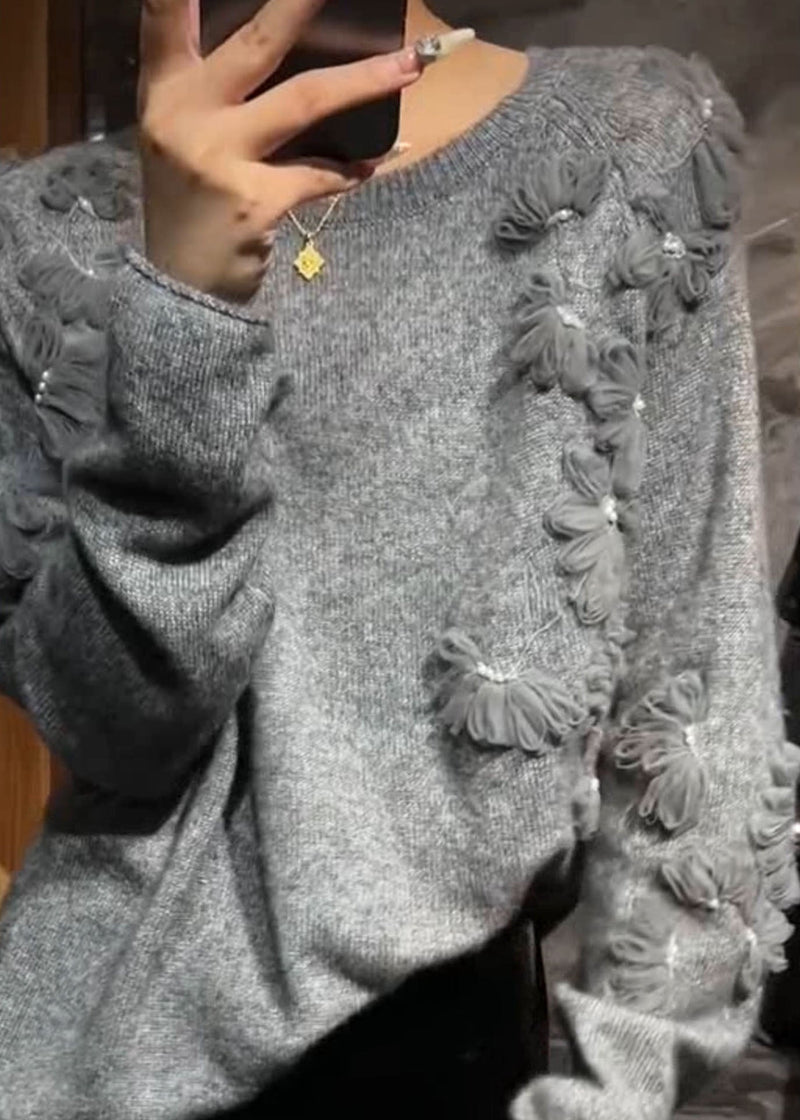 Grey O-neck Cotton Knit Sweater Fall