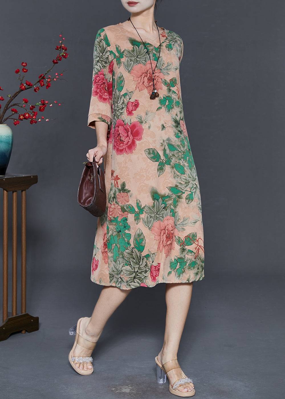 Khaki V Neck Print Chiffon Long Dresses Half Sleeve