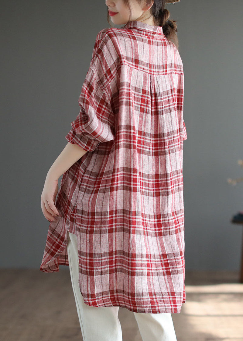 Red Plaid Peter Pan Collar Linen Blouses Spring