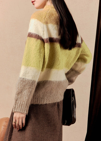 Yellow Striped Button Patchwork Cotton Knit Sweaters Winter