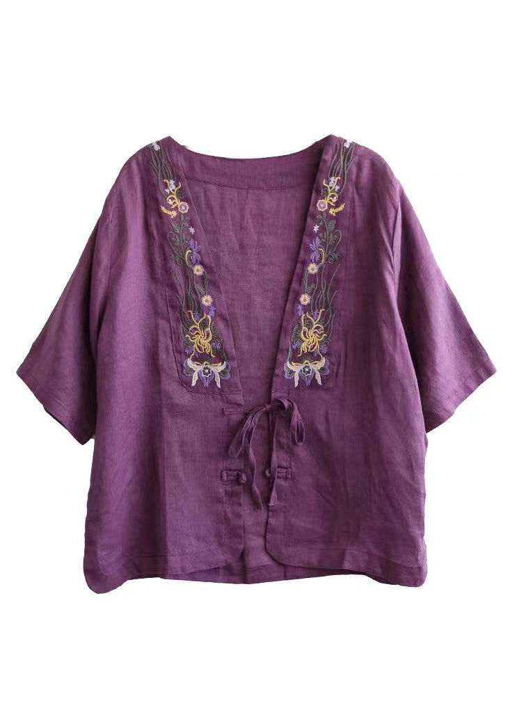 Red V Neck Embroidered Tie Waist Linen Top Short Sleeve