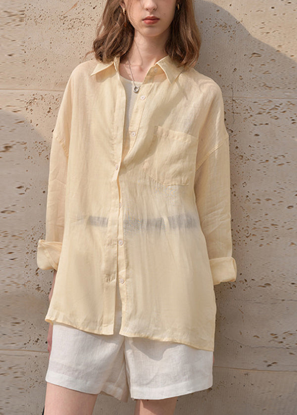 Apricot Peter Pan Collar Linen Thin Shirts Tops Summer