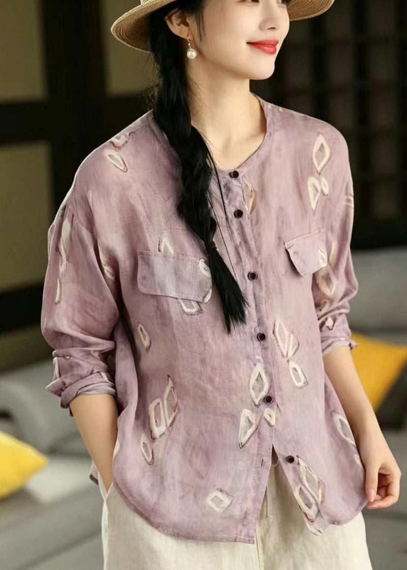 Blue Oversized Print Linen Shirts Spring