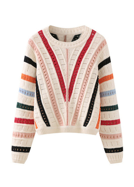 Original Design O-neck Striped Hollow Out Knit Sweaters Spring