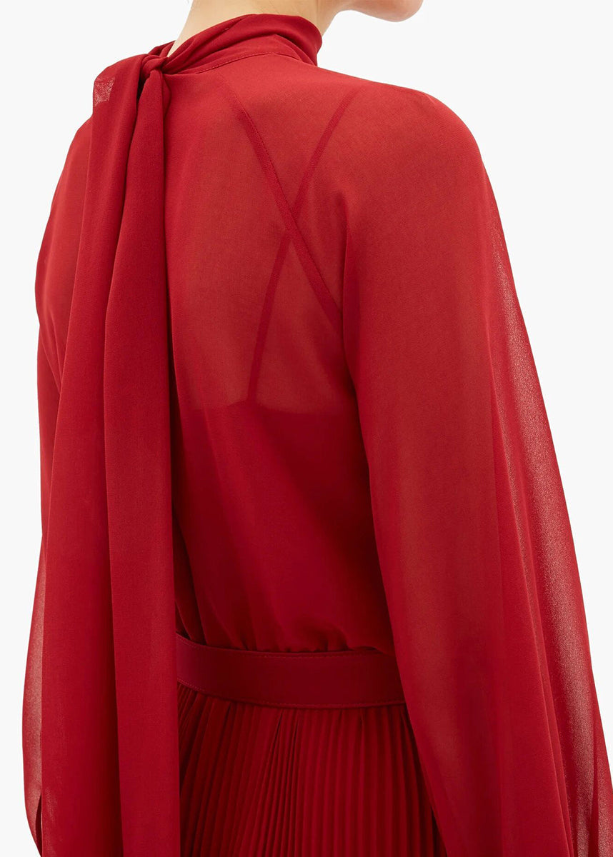 Red Wrinkled Lace Up False Two Pieces Chiffon Dress Fall