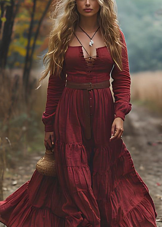 Red Wrinkledpatchwork Cotton Maxi Dresses Long Sleeve