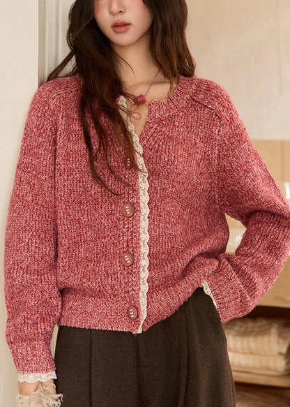 Pink V Neck Patchwork Cozy Cotton Knit Sweaters Fall
