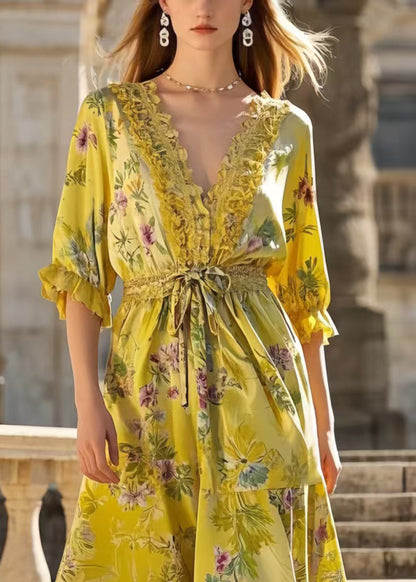 Yellow Ruffled Print Silk Tunic Dress Summer