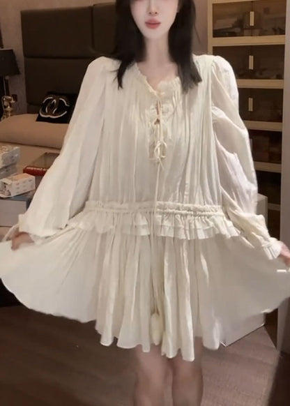 Stylish Apricot Ruffled Lace Up Chiffon Mini Dress Fall