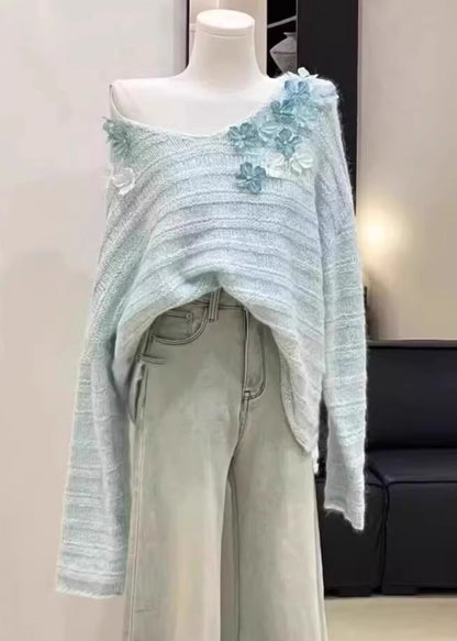 New Light Blue Cold Shoulder Knit Sweaters Winter