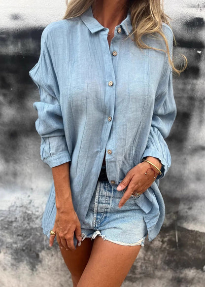 Blue Peter Pan Collar Button Cotton Shirts Long Sleeve