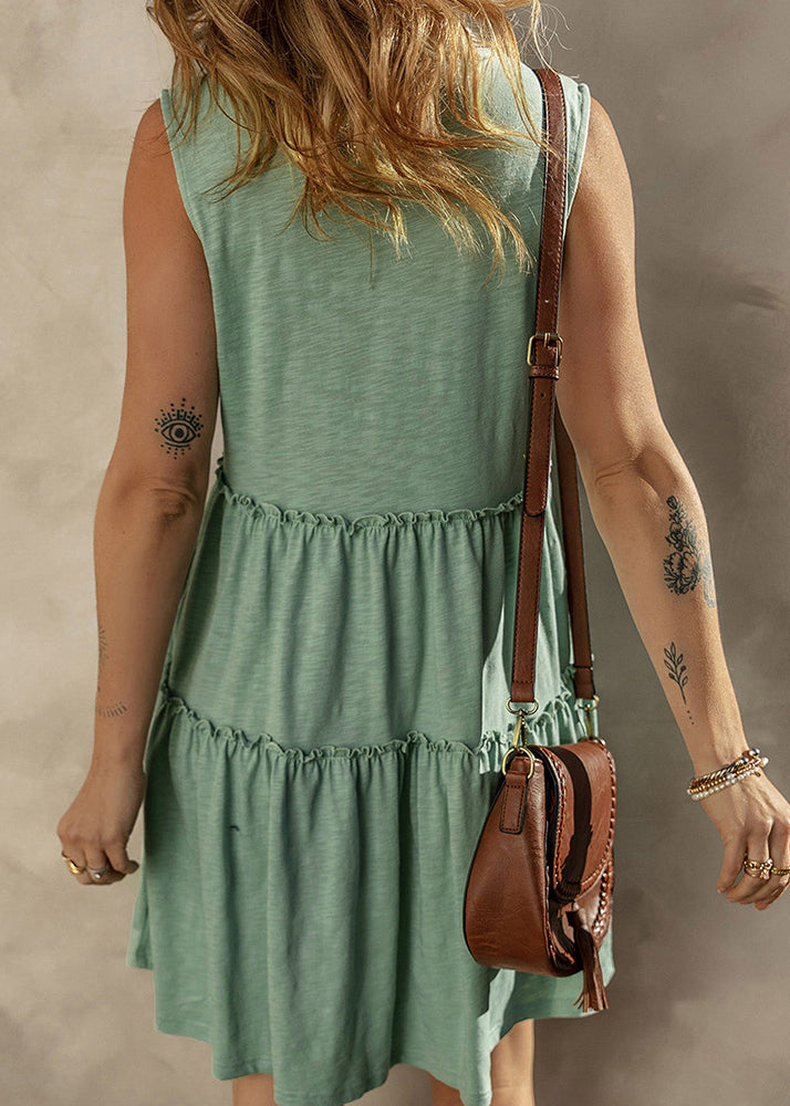 Green Ruffled Patchwork Cotton Mid Dress Sleeveless