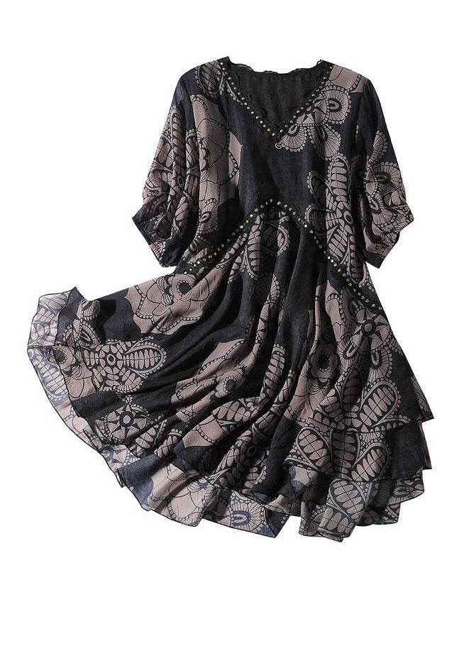 Black V Neck Print Chiffon Maxi Dress Summer