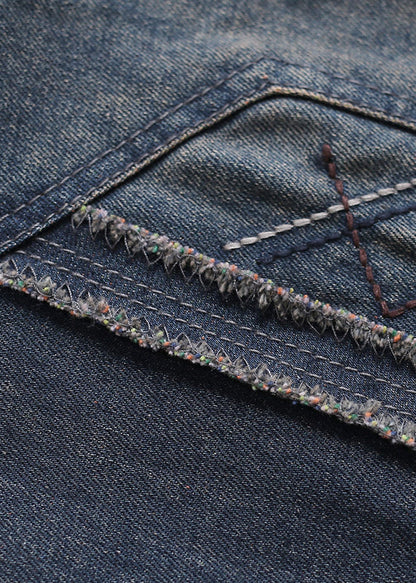 Blue Pockets Patchwork Elastic Waist Denim Harem Pants Spring